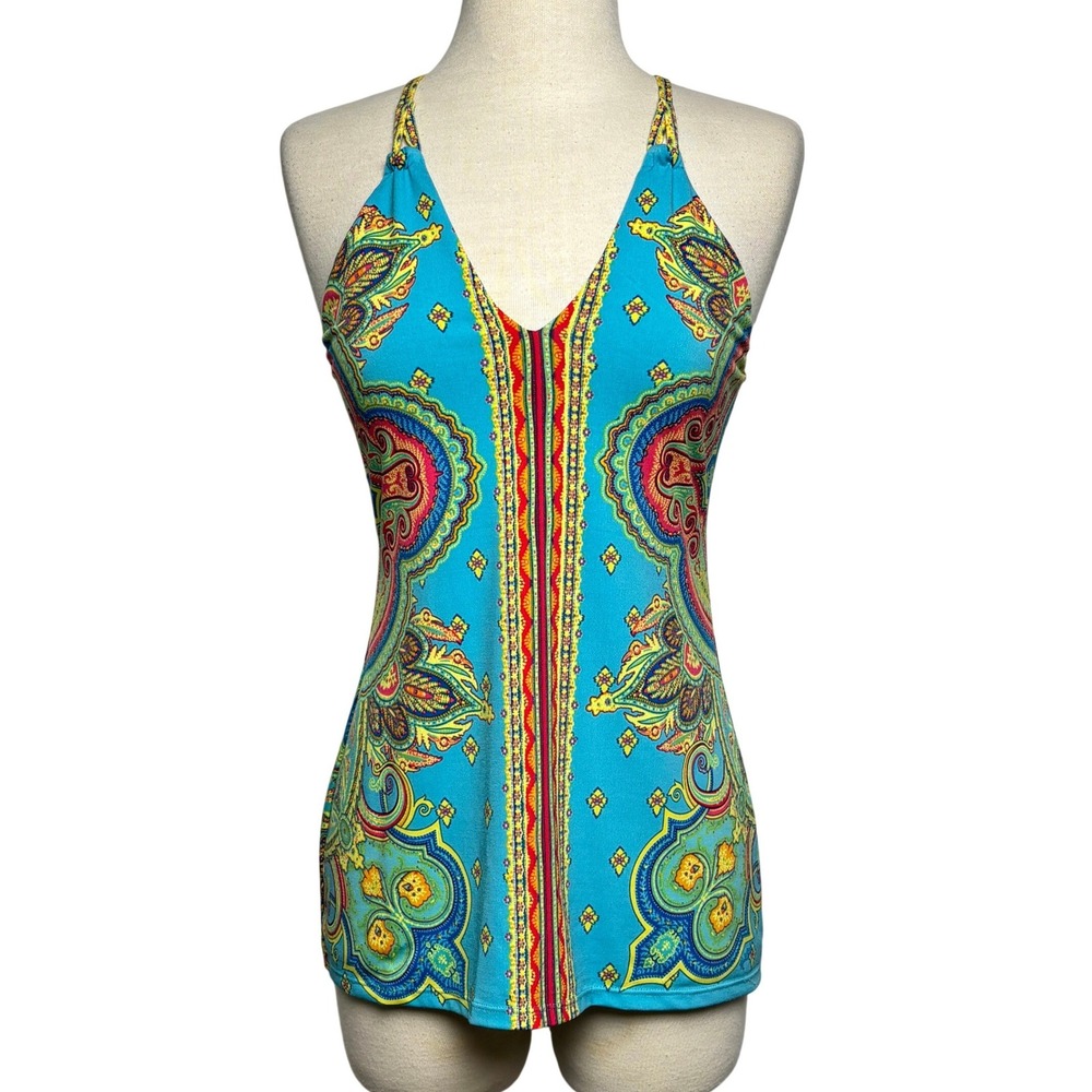 Hale Bob Halter Top Paisley Bohemian Print XS Turquoise Blue V-Neck Sleeveless